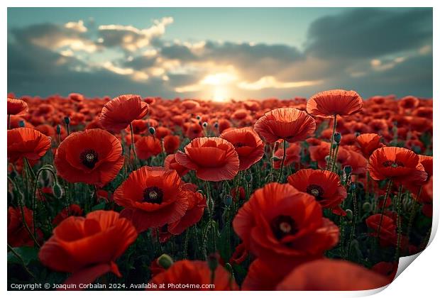 A field filled with poppy red flowers stands beneath a cloudy sky, creating a striking and vivid scene. Print by Joaquin Corbalan