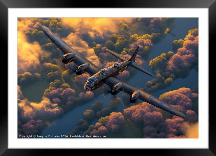 A painting depicting the Lancaster and Spitfires from the Royal Air Force flying in the sky. Framed Mounted Print by Joaquin Corbalan