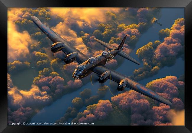A painting depicting the Lancaster and Spitfires from the Royal Air Force flying in the sky. Framed Print by Joaquin Corbalan
