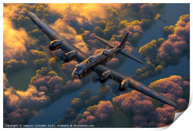 A painting depicting the Lancaster and Spitfires from the Royal Air Force flying in the sky. Print by Joaquin Corbalan