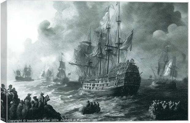 An old engraving depicting ships sailing in the ocean as people observe. Canvas Print by Joaquin Corbalan