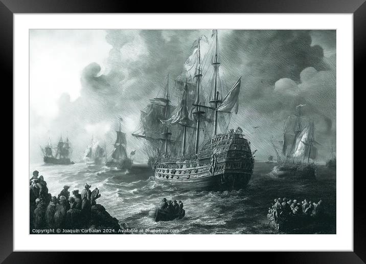 An old engraving depicting ships sailing in the ocean as people observe. Framed Mounted Print by Joaquin Corbalan