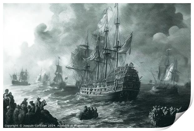 An old engraving depicting ships sailing in the ocean as people observe. Print by Joaquin Corbalan