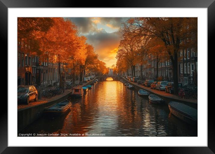 Boats of various sizes peacefully sail down a canal in Amsterdam, creating a vibrant scene filled with movement and activity. Framed Mounted Print by Joaquin Corbalan