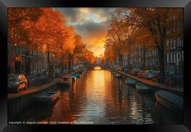 Boats of various sizes peacefully sail down a canal in Amsterdam, creating a vibrant scene filled with movement and activity. Framed Print by Joaquin Corbalan
