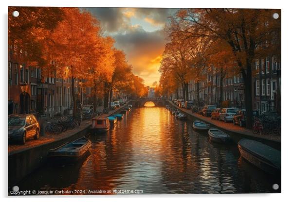 Boats of various sizes peacefully sail down a canal in Amsterdam, creating a vibrant scene filled with movement and activity. Acrylic by Joaquin Corbalan