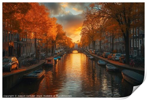 Boats of various sizes peacefully sail down a canal in Amsterdam, creating a vibrant scene filled with movement and activity. Print by Joaquin Corbalan