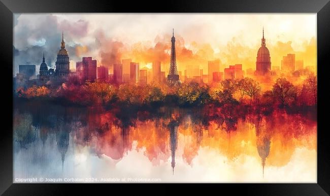A watercolor painting depicting the skyline of Paris, France, with a lake positioned in front of it. Framed Print by Joaquin Corbalan