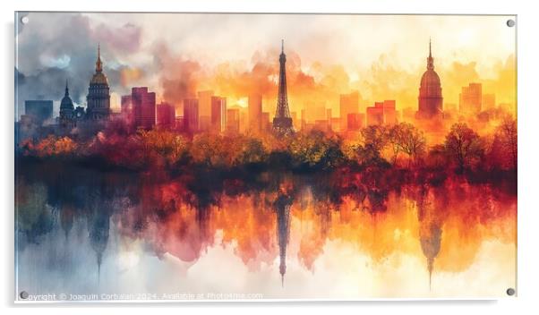 A watercolor painting depicting the skyline of Paris, France, with a lake positioned in front of it. Acrylic by Joaquin Corbalan