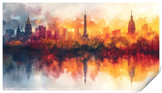 A watercolor painting depicting the skyline of Paris, France, with a lake positioned in front of it. Print by Joaquin Corbalan
