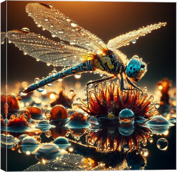 close up of a dragonfly on a pond with waterdrops Canvas Print by kathy white