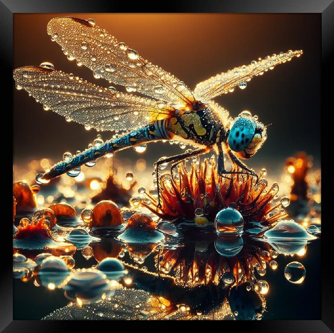 close up of a dragonfly on a pond with waterdrops Framed Print by kathy white