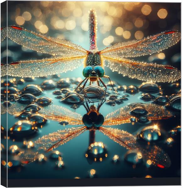 close up of a dragonfly on apond with waterdrops Canvas Print by kathy white