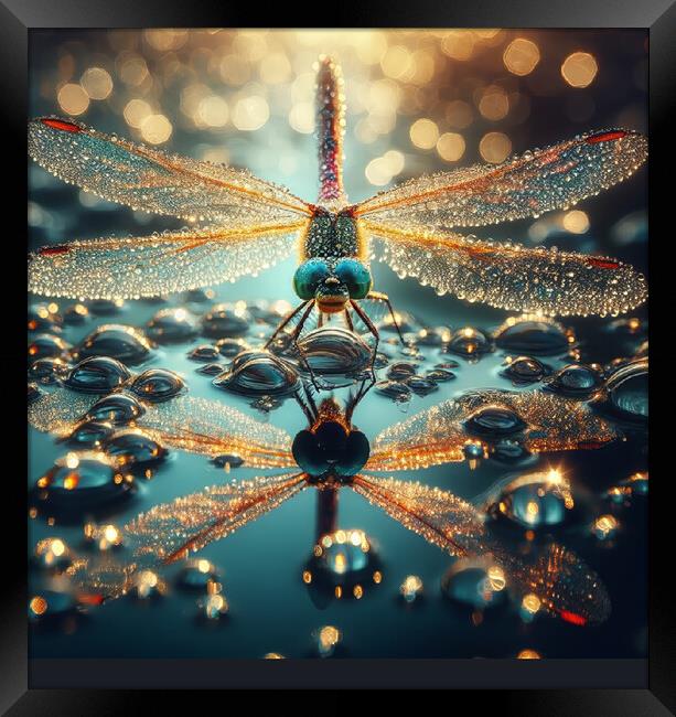 close up of a dragonfly on apond with waterdrops Framed Print by kathy white