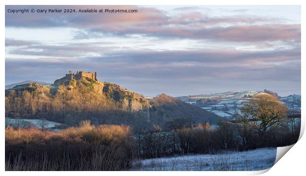 Carreg Cennan Castle winter landscape Print by Gary Parker