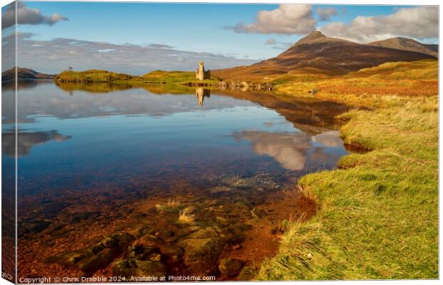 Ardvreck Castle reflected in Loch Assynt Canvas Print by Chris Drabble