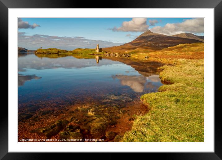Ardvreck Castle reflected in Loch Assynt Framed Mounted Print by Chris Drabble