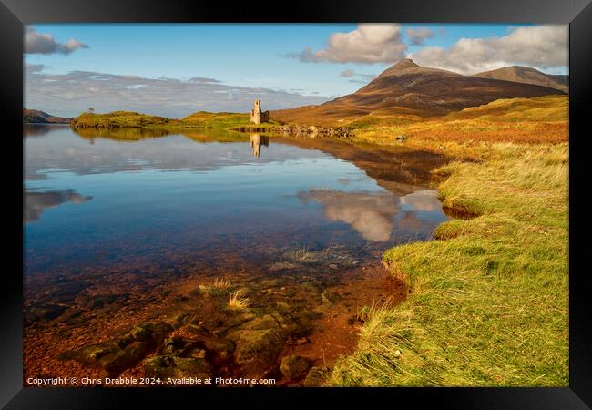 Ardvreck Castle reflected in Loch Assynt Framed Print by Chris Drabble