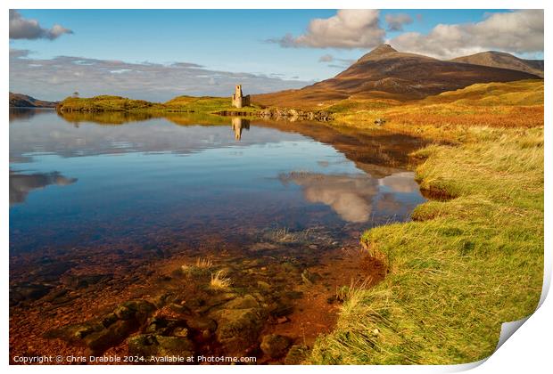 Ardvreck Castle reflected in Loch Assynt Print by Chris Drabble