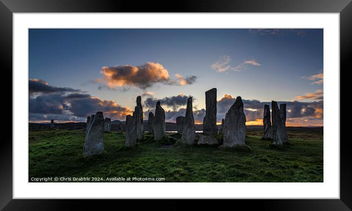 Calanais Standing Stones at sunset Framed Mounted Print by Chris Drabble