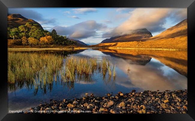 Liathach reflected in Loch Clair Framed Print by Chris Drabble
