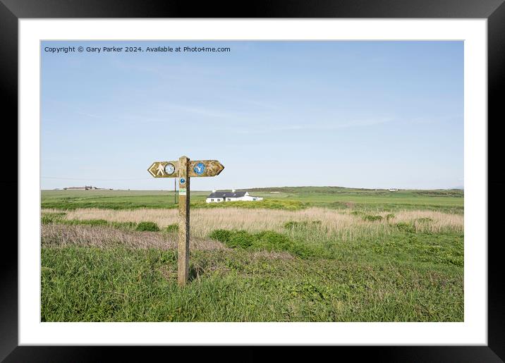 Wales Coastal path directional wooden sign. Location is Angelsey.  Framed Mounted Print by Gary Parker