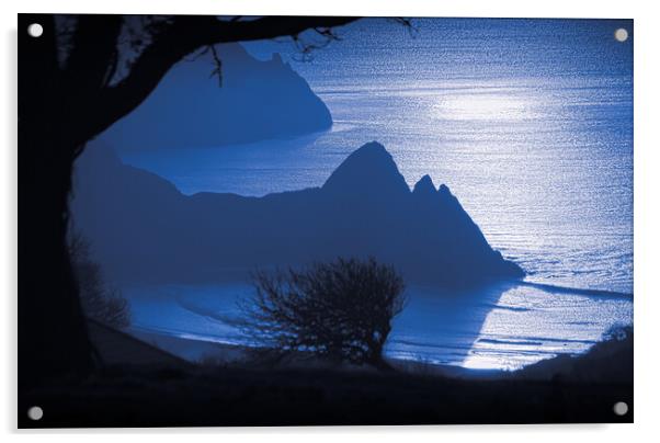 Blue hour at Three Cliffs Bay Acrylic by Leighton Collins