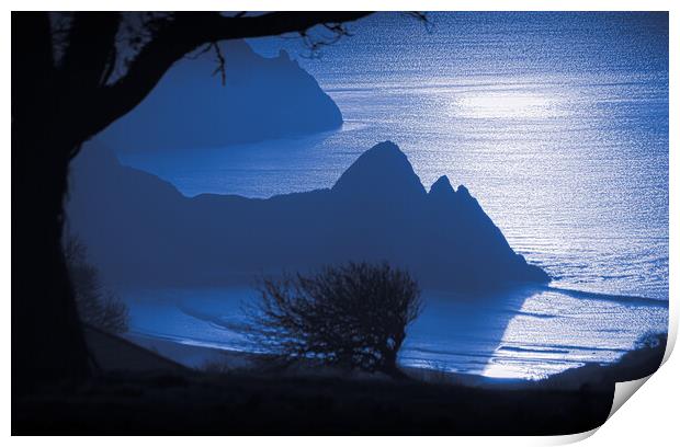 Blue hour at Three Cliffs Bay Print by Leighton Collins