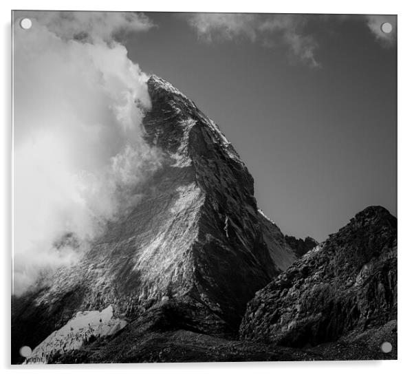 Monochrome of Matterhorn Mountain, Switzerland.  Acrylic by Maggie Bajada