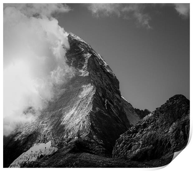 Monochrome of Matterhorn Mountain, Switzerland.  Print by Maggie Bajada