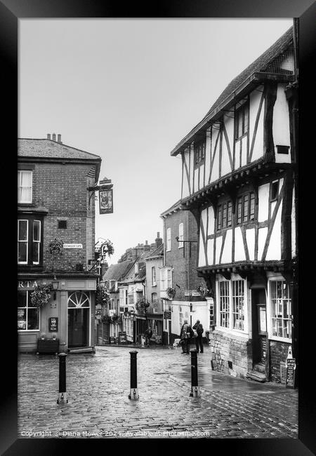Lincoln Cathedral Quarter Rainy Day Monochrome. Framed Print by Diana Mower