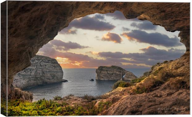 Sunset of Cave in Dwerja, Gozo Malta, Canvas Print by Maggie Bajada