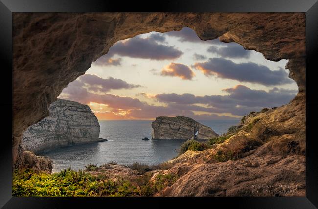 Sunset of Cave in Dwerja, Gozo Malta, Framed Print by Maggie Bajada