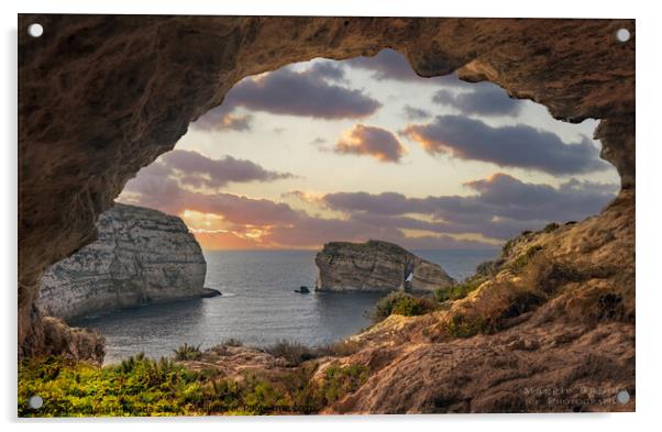 Sunset of Cave in Dwerja, Gozo Malta, Acrylic by Maggie Bajada