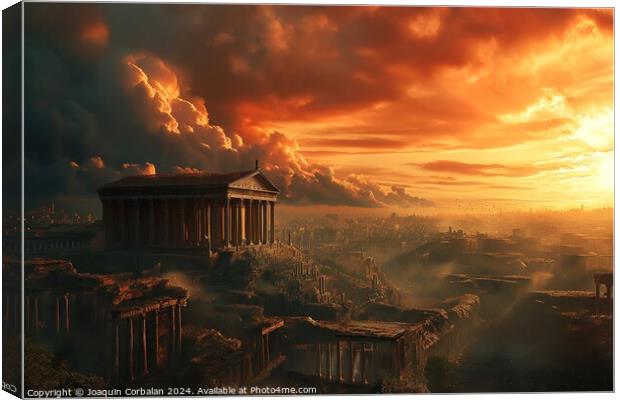 A vividly colored painting of Ancient Roma, captures a breathtaking sunset, casting warm hues over a cityscape below. Canvas Print by Joaquin Corbalan