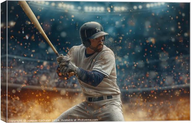 A baseball player passionately holds a bat while standing atop a field, preparing to swing. Canvas Print by Joaquin Corbalan