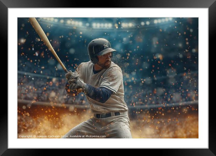 A baseball player passionately holds a bat while standing atop a field, preparing to swing. Framed Mounted Print by Joaquin Corbalan