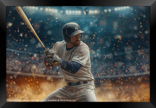 A baseball player passionately holds a bat while standing atop a field, preparing to swing. Framed Print by Joaquin Corbalan