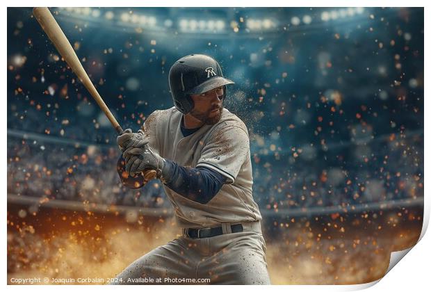 A baseball player passionately holds a bat while standing atop a field, preparing to swing. Print by Joaquin Corbalan