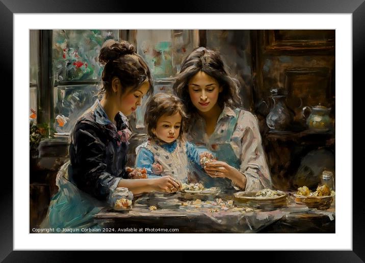 A painting depicting two women and a child engaged in an activity at a table. Framed Mounted Print by Joaquin Corbalan