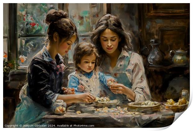 A painting depicting two women and a child engaged in an activity at a table. Print by Joaquin Corbalan