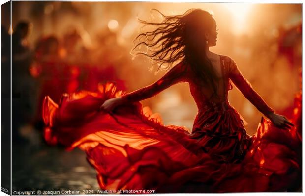 A woman in a vibrant red dress is performing a flamenco dance with raw and stylized movements. Canvas Print by Joaquin Corbalan