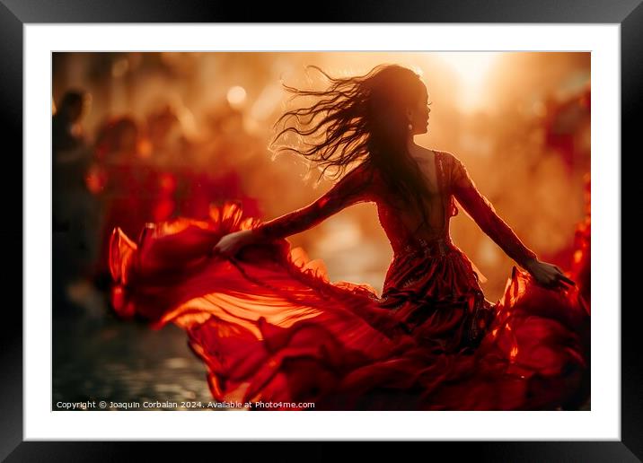 A woman in a vibrant red dress is performing a flamenco dance with raw and stylized movements. Framed Mounted Print by Joaquin Corbalan