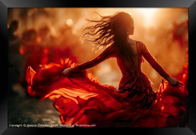A woman in a vibrant red dress is performing a flamenco dance with raw and stylized movements. Framed Print by Joaquin Corbalan