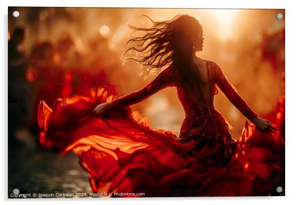 A woman in a vibrant red dress is performing a flamenco dance with raw and stylized movements. Acrylic by Joaquin Corbalan