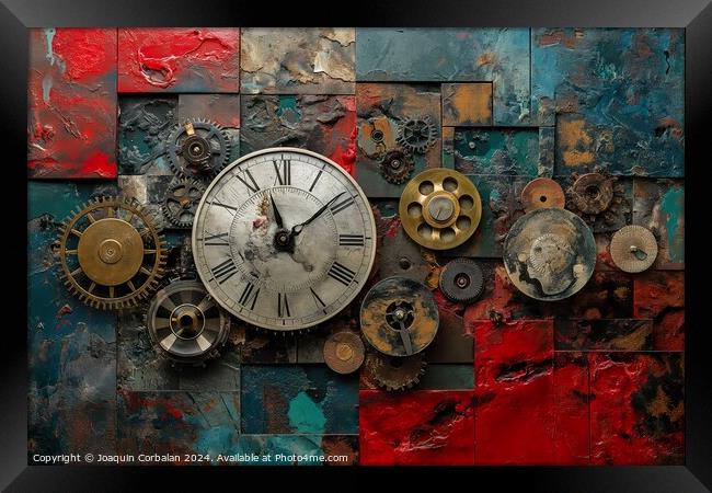 A close-up photo capturing the intricate details and composition of a clock mounted on the side of a wall. Framed Print by Joaquin Corbalan