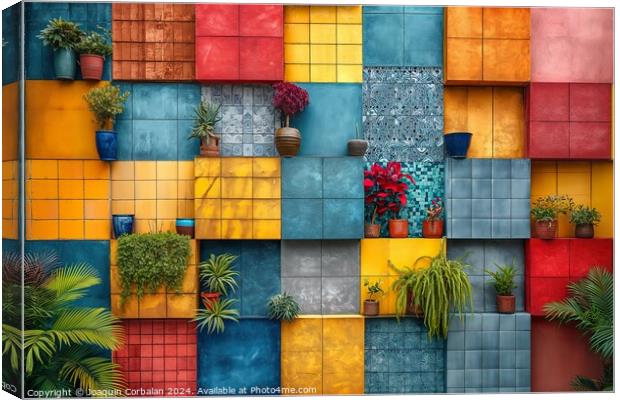 A vibrant multicolored wall adorned with various potted plants. Canvas Print by Joaquin Corbalan
