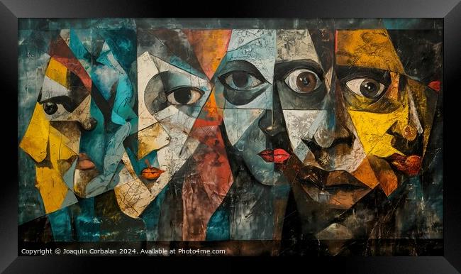 An intriguing painting featuring a diverse group of people, showcasing their unique facial expressions Framed Print by Joaquin Corbalan