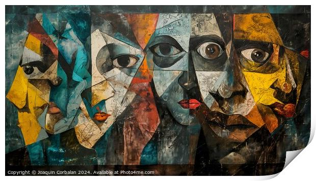 An intriguing painting featuring a diverse group of people, showcasing their unique facial expressions Print by Joaquin Corbalan