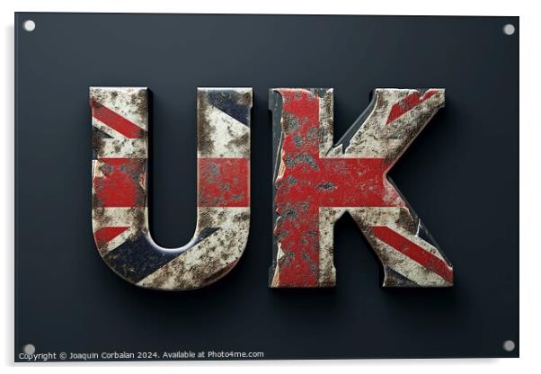the letter UK painted with the iconic colors of the British flag, representing unity and national pride. Acrylic by Joaquin Corbalan